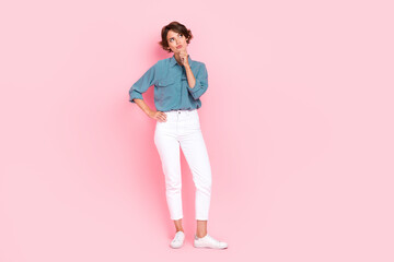 Photo of smart minded lady dressed stylish clothes hand touch face interested look empty space...