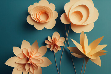 Yellow paper cut flowers on blue background. Paper bouquet