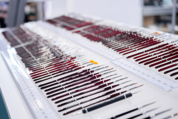 Set of professional make up brushes on counter of make up store. Glamour, fashion, cosmetic, makeup and beauty concept