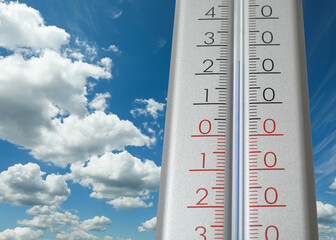 Weather thermometer and beautiful sky with fluffy clouds on background