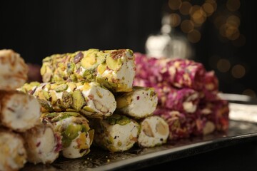 Turkish delight dessert on tray, closeup. Traditional sweet