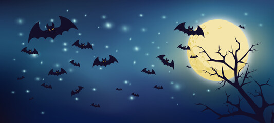 Naklejka na ściany i meble Halloween Night - Spooky Moon in a starry sky with bats and full moon. Vector illustration.