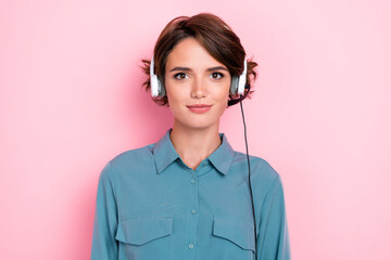 Closeup photo of young adorable pretty nice positive expert woman wear headset microphone helpline...