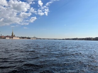 Bolshaya Neva River St. Petersburg sunny day 2022 panorama