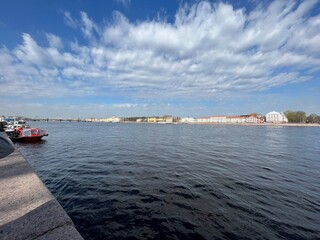 Bolshaya Neva River St. Petersburg sunny day 2022 panorama