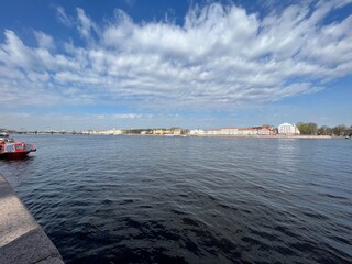 Bolshaya Neva River St. Petersburg sunny day 2022 panorama