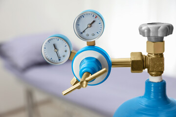 Medical oxygen tank in hospital room, closeup