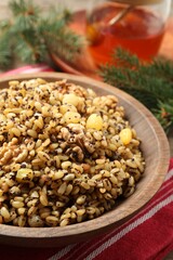 Traditional Christmas slavic dish kutia in bowl, closeup