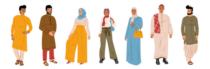 Young Arab people vector illustration set. Collection of flat male and female characters wearing traditional muslim clothes standing isolated on white background. Modern fislamic ethnic fashion