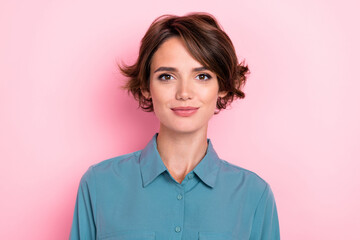Photo of cheerful confident gorgeous girl bob hairdo wear blue shirt looking confident at camera...