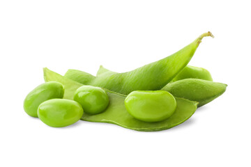 Fresh green edamame pods and beans on white background