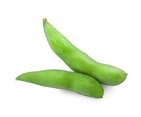 Raw green edamame pods on white background