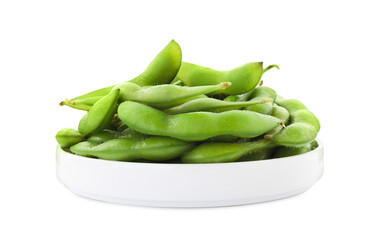 Bowl with green edamame pods on white background