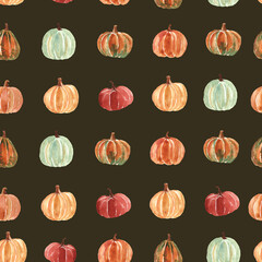 Autumn Seamless pattern with pumpkins in watercolor style.
