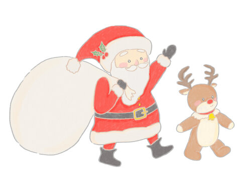 Santa Claus carrying a bag of gifts and stuffed reindeer cute hand drawn illustration / プレゼントの袋を担いだサンタクロースとぬいぐるみのトナカイ かわいい手描きイラスト