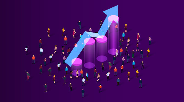 Large group of people standing around growing chart. People crowd. Statistic concept.