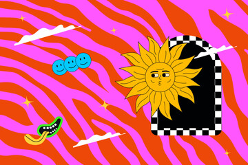 Groovy and hippie abstract illustration, cheerful sun on the background of acid zebra. Psychedelic trippy artwork with emoji and arch.