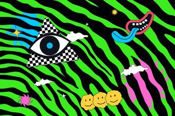 Naklejka na ściany i meble A big eye, strange mouth and emojis on a zebra background. Hippie psychedelic illustration.