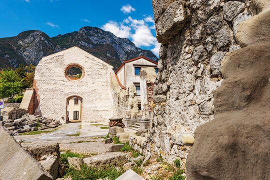 Venzone, ancient ruins of the Church of San Giovanni Battista, destroyed by the 1976 earthquake and never rebuilt. Udine province, Friuli-Venezia Giulia, Italy, Europe. Symbol of the small village.