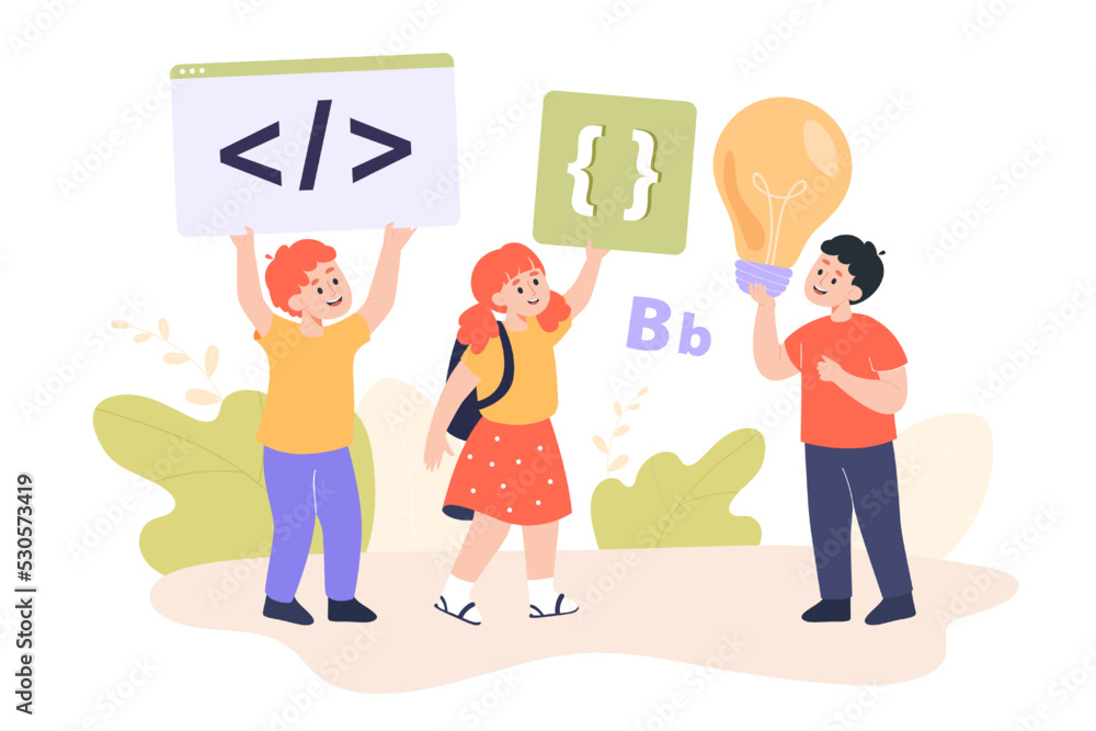 Poster School kids having fun while learning about programming together. Children studying PHP or CSS programming languages flat vector illustration. Education, coding concept for banner or landing web page
