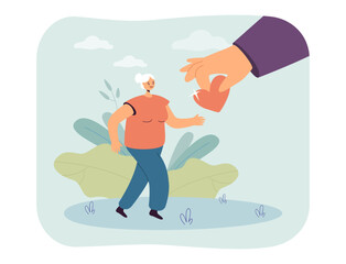 Hand giving red heart to tiny old jogging grandma. Likes and respect for old womans healthy lifestyle flat vector illustration. Sport, support concept for banner, website design or landing web page