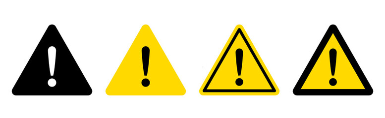 Warning attention icon. Caution warning signs set. Exclamation marks. Caution alarm set, danger sign collection, attention vector icon, yellow, red and black fatal error message element. - obrazy, fototapety, plakaty