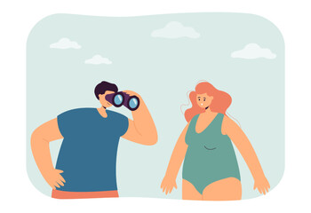 Beach lifeguard looking through binoculars at woman. Female tourist in swimwear flat vector illustration. Summer vacation, emergency in cruise concept for banner, website design or landing web page