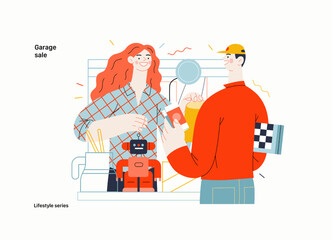 Lifestyle series -Garage sale -modern flat vector illustration of a woman selling house stuff at the table filled with house utilities and toys, and man buying a chess board. People activities concept