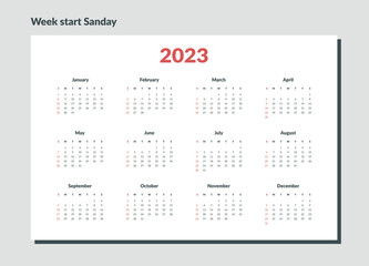 2023 Calendar Template. Vector layout of a wall or desk simple calendar with week start sunday.