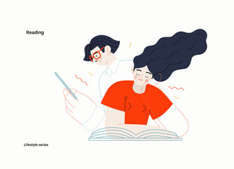 Lifestyle series - Reading - modern flat vector illustration of a man and a woman reading the books. People activities concept
