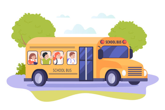 Side view of school bus with happy children inside. Kids going on roadtrip or to school on yellow bus flat vector illustration. Education, adventure, traveling concept for banner or landing web page