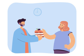 Man giving surprise piece of cake to happy woman. Male character holding sweet gift for girl flat vector illustration. Food share, dessert concept for banner, website design or landing web page