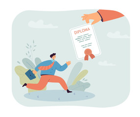 Happy employee running to hand with diploma document. Certificate of education for tiny man flat vector illustration. Qualification, career concept for banner, website design or landing web page