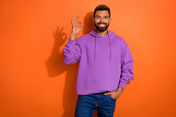 Photo of nice boy buy violet pullover sweatshirt satisfied purchase evaluate quality okey sign isolated on orange color background