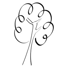 abstract tree with curly lush foliage, black outline on white background