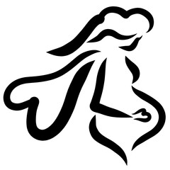 Pregnant young woman with wing and hand in the shape of a heart, black abstract logo