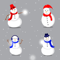 Vector set of four Christmas snowman Different Types Icons Set Winter Season Concept Flat Design Style.