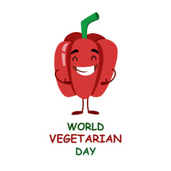 Vector postcard of the World Vegetarian Day in a flat style. Funny pepper character. Banner for the website, for printing.
