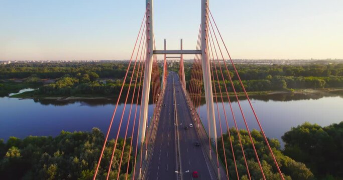 Aerial view of Siekierkowski bridge and Wisla Vistula River at midnight sun.