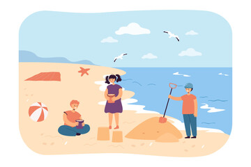 Children playing on sand sea beach together. Fun seaside activity of cute happy girl and boys flat vector illustration. Holiday, vacation concept for banner, website design or landing web page