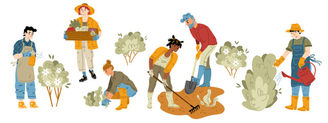 Gardening hobby, farm works set. Characters working in garden. Men and women harvesting, planting and caring of plants, raking ground, watering and fertilize flowers, Line art flat vector illustration