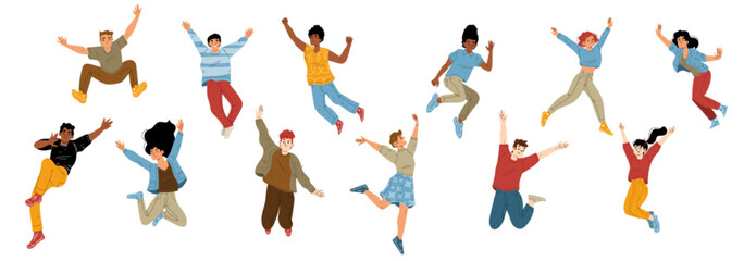 Fototapeta na wymiar Happy people jump with raised arms, cheerful male and characters win, feel positive emotions, rejoice, celebrate victory or success. Laughing teens, men, women Cartoon linear flat vector illustration