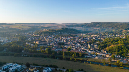 Fototapeta na wymiar Drone view of german village at sunrise