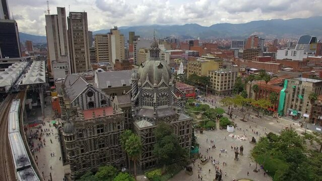 Aerial view of Plaza Botero square and Palace of Culture in Downtown Medellin, Antioquia Department, Colombia.