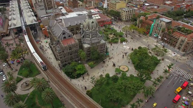 Aerial view of Plaza Botero square and Palace of Culture in Downtown Medellin, Antioquia Department, Colombia.