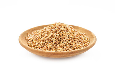 fenugreek seed in wood plate isolated on white background. fenugreek isolated                    