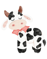 Watercolor cute cow cartoon character