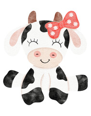 Watercolor cute cow cartoon character