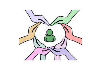 Employee protection icon. The concept of inclusion, equality and diversity. Diverse hands form a heart around the employee icon.