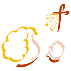 little curly child praying to God looking at a shining cross, abstract colorful sketch on a white background
